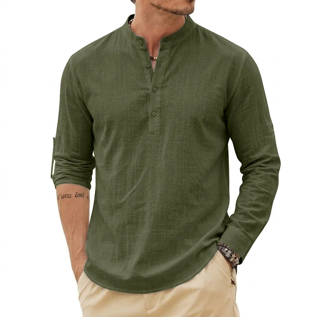 Men's linen Henley shirt by Jelieora Venture featuring a relaxed fit, buttoned neckline, and lightweight breathable fabric.
