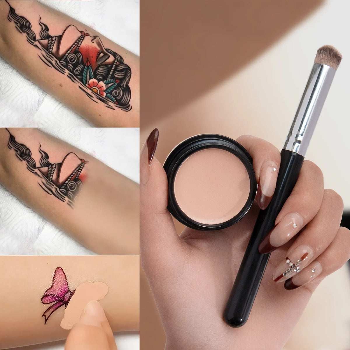 Jelieora Venture full coverage concealer and contour cream in a sleek makeup compact, showcasing the product's creamy texture and shade options.