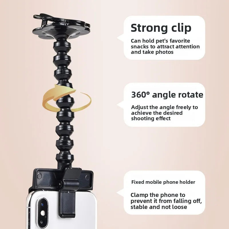 Jelieora Venture pet photography gadget with phone holder clip capturing cats and dogs looking at the camera for pet selfies.