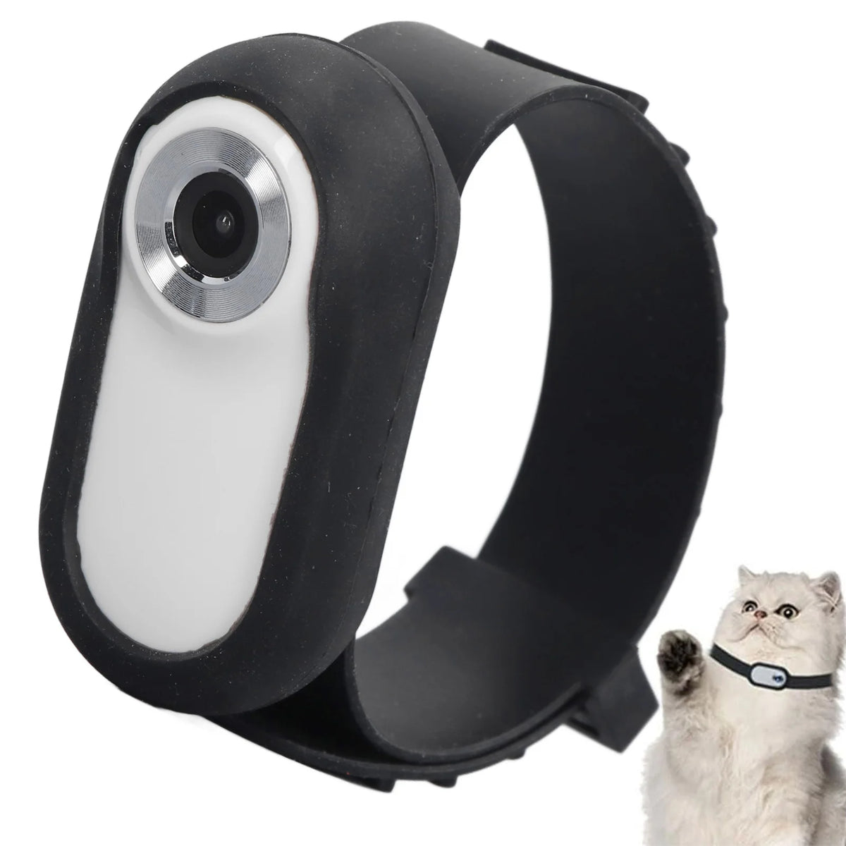 Jelieora Venture pet sports camera attached to a pet collar showing a wide-angle lens and full HD footage for outdoor activity.