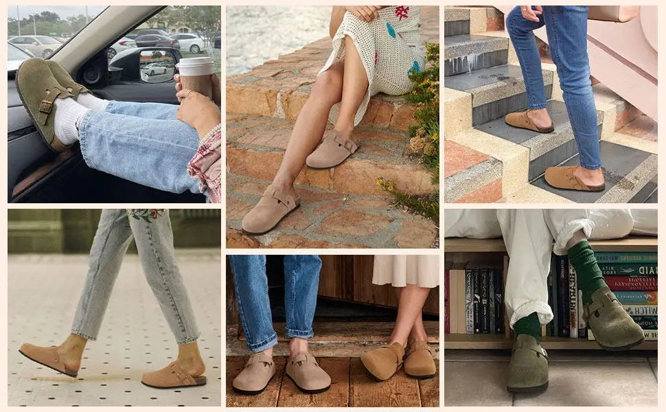 Women's suede cork footbed mule clogs by Jelieora Venture, featuring a stylish slip-on design and comfortable footwear style.