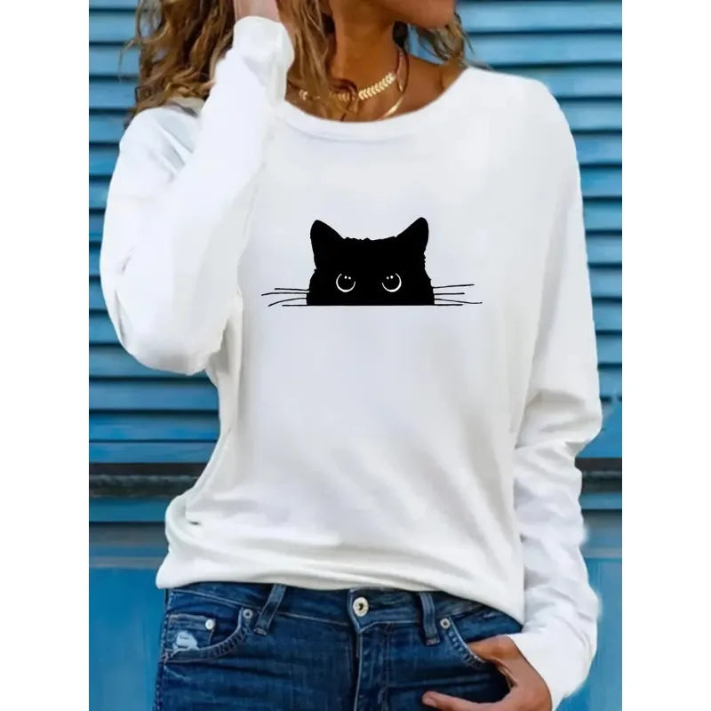 Women's long sleeve top with cat print by Jelieora Venture, featuring a comfortable fit and stylish feline design.