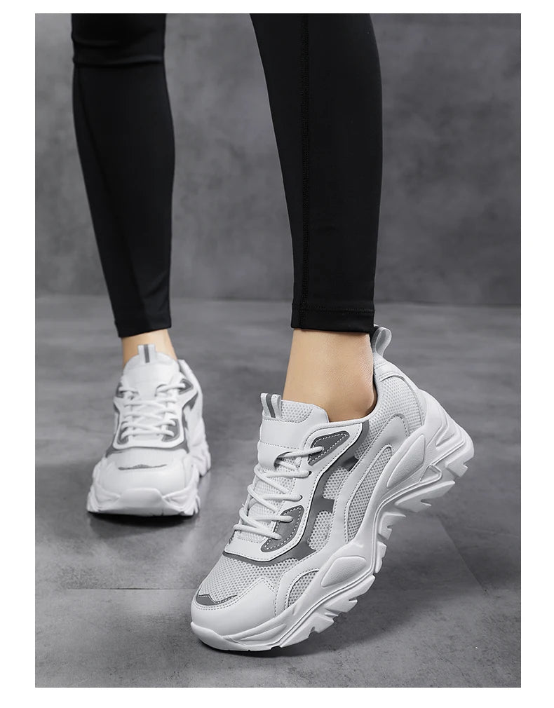 Women's vulcanised platform chunky sneakers by Jelieora Venture, showing black footwear with thick soles and stylish design