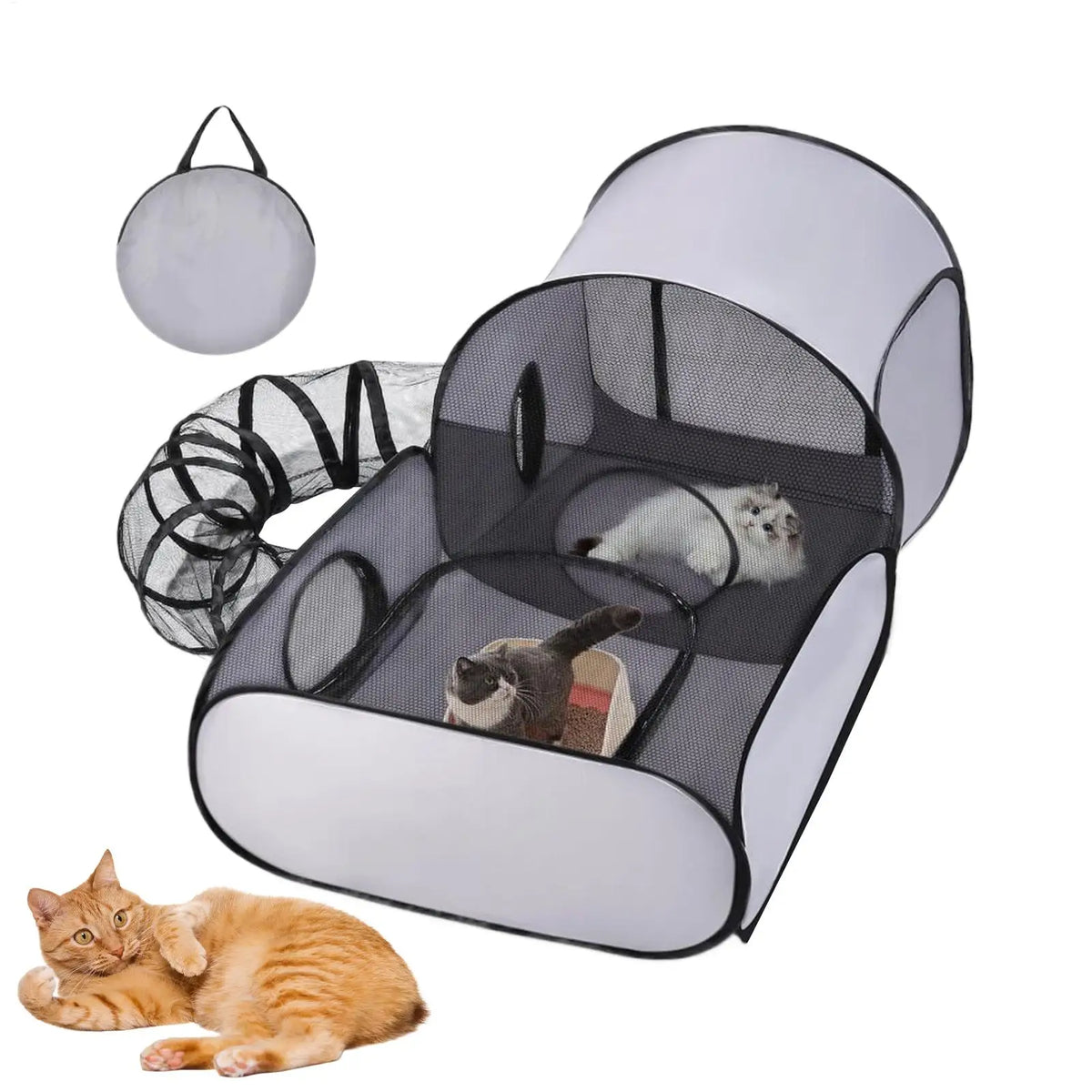 Foldable Jelieora Venture cat and dog playpen with breathable fabric, interactive toys, and tent enclosure for kittens and small puppies.
