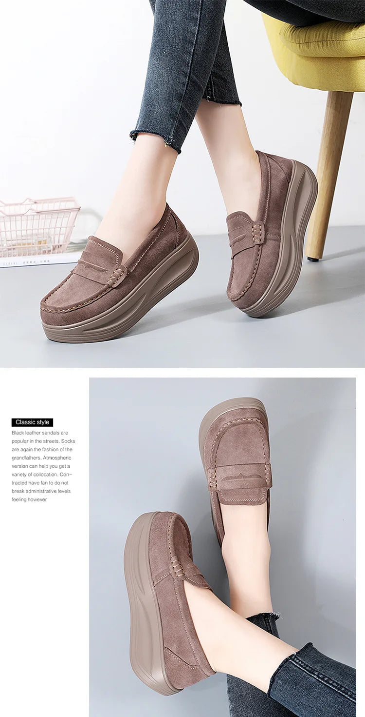 Women's cow suede platform loafers by Jelieora Venture featuring a stylish slip-on design and chunky heel.