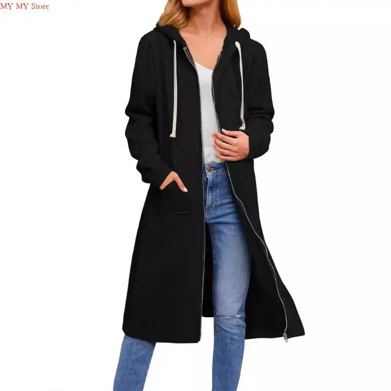 Jelieora Venture women's full zip hooded coat with front pockets and adjustable drawstrings, black, stylish winter outerwear