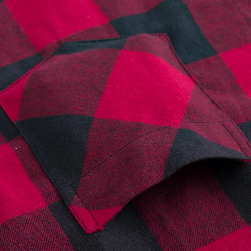 Men's cotton flannel plaid shirt by Jelieora Venture, shown in a classic red and black checkered pattern, casual long-sleeve top.