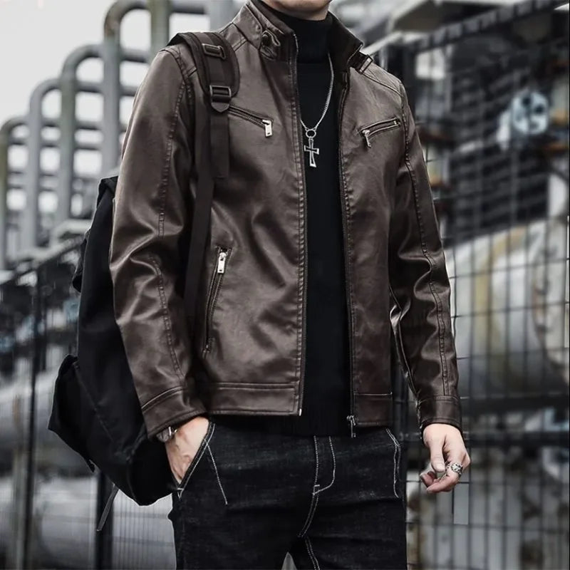Men's faux leather biker jacket by Jelieora Venture featuring classic design, zipper details, and a stylish fit.