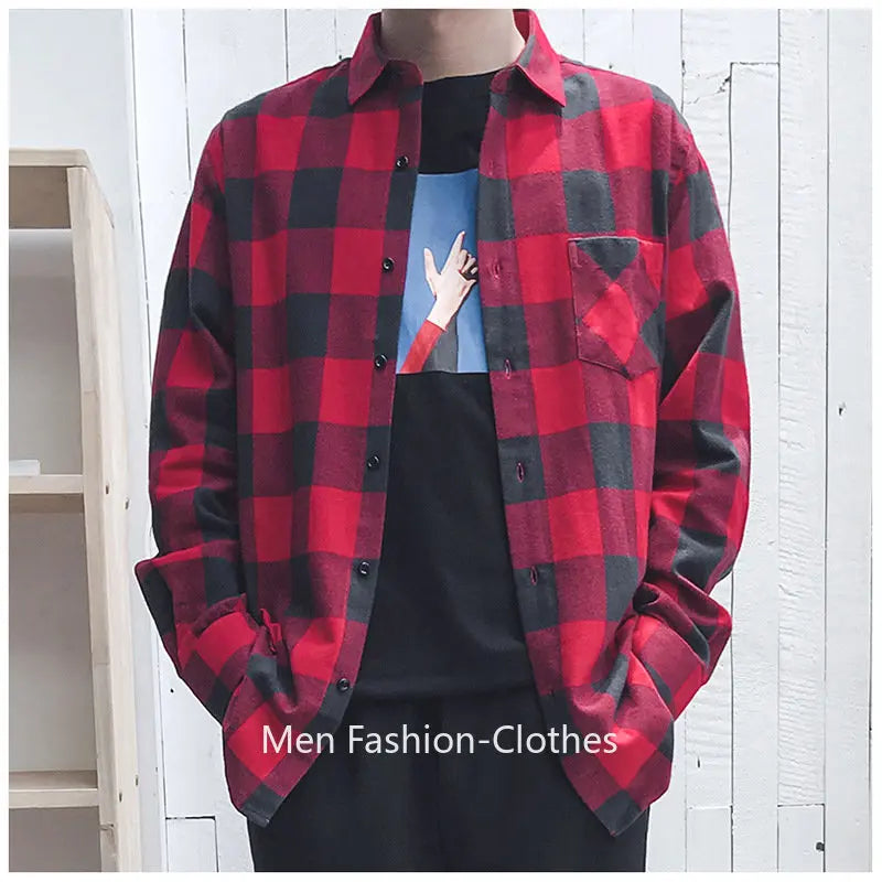Men's 100% cotton flannel plaid shirt by Jelieora Venture, shown in classic red and black checkered pattern, casual top for men.