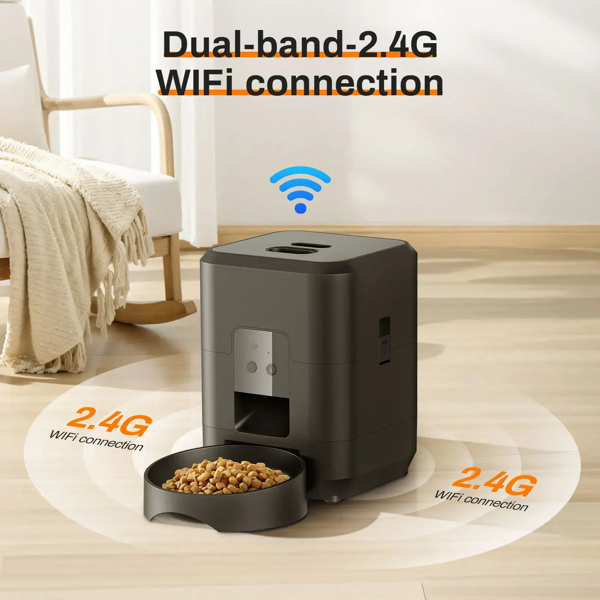 Jelieora Venture smart automatic pet feeder with timer, white plastic design, featuring a digital control panel and food storage compartment.