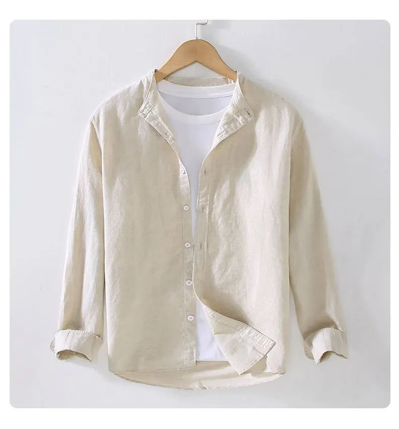 Men's linen long sleeve shirt by Jelieora Venture, light and breathable fabric, shown in a stylish fit and natural color.