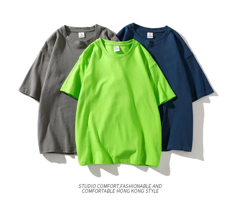 Men's solid basic hip hop cotton T-shirt by Jelieora Venture, available in 22 colors, shown in black with a close-up of fabric.