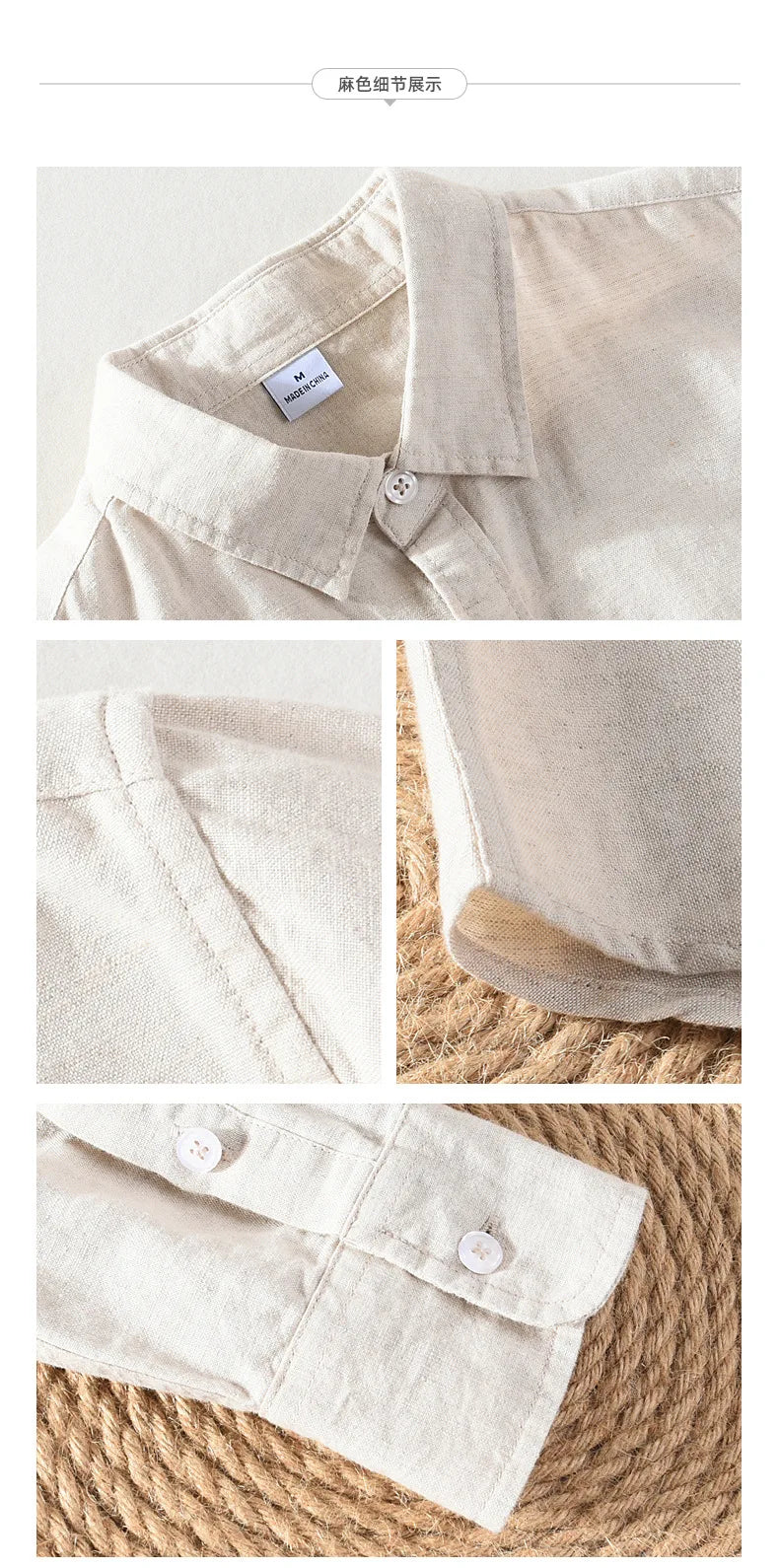 Men's linen long sleeve shirt by Jelieora Venture, light-colored fabric with a casual fit and button-down design.