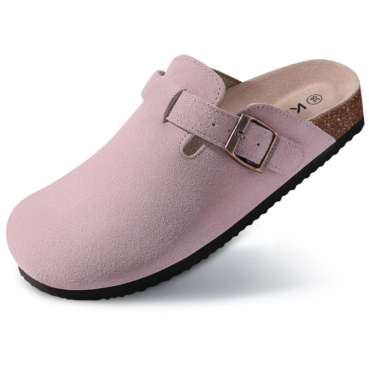 Women's suede mule clogs with cork soles and adjustable buckle from Jelieora Venture, showcasing a stylish and comfortable footwear design.