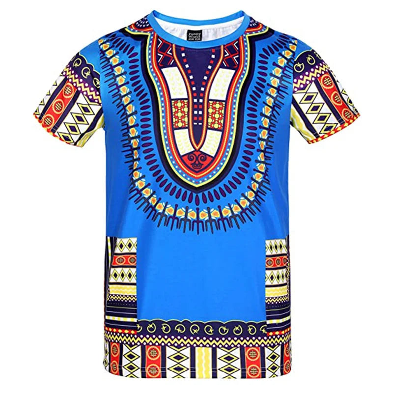 Men's African print T-shirt by Jelieora Venture featuring vibrant traditional patterns and bold colors.