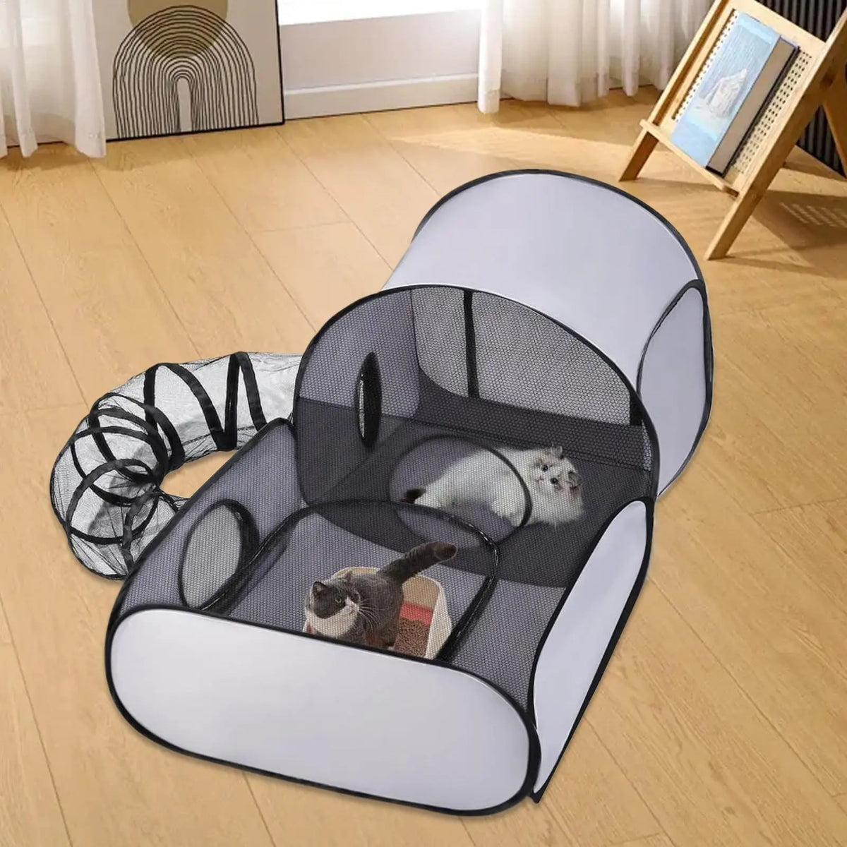 Foldable breathable cat and dog playpen with tent design, ideal for kittens and puppies, featuring interactive toys and exercise space.