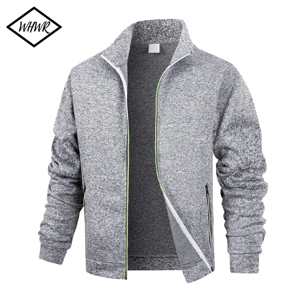 Men's fleece zip jacket by Jelieora Venture, navy blue with front zipper and cozy fleece material, displayed on a hanger.