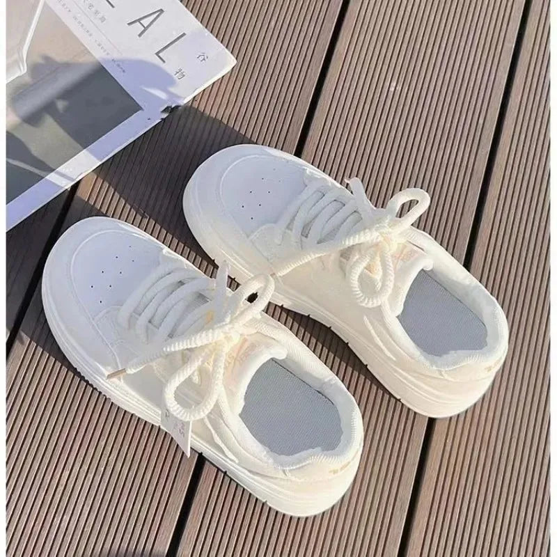 Women's White Leather Flat Casual Shoes | Breathable Lace-Up Vulcanised Sole