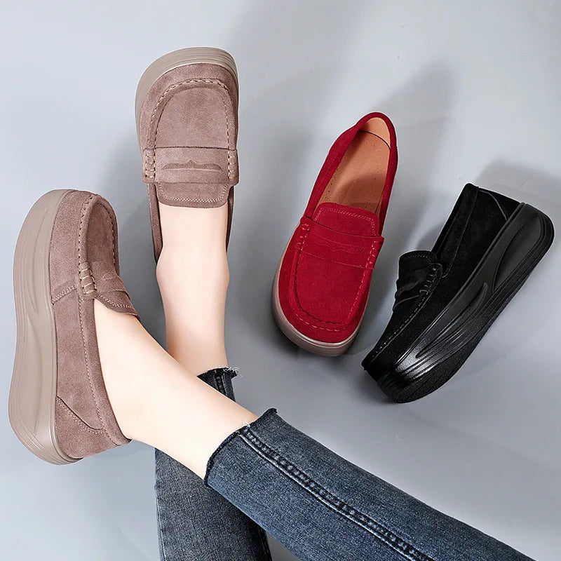 Women's cow suede platform loafers by Jelieora Venture, featuring stylish design and comfortable footwear.