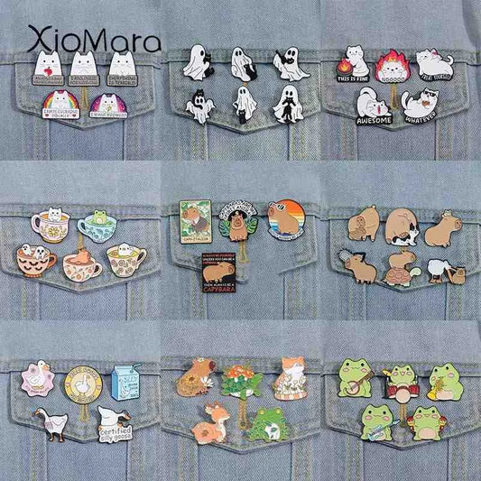Cute Animals Enamel Pins Set: Adorable Cat & Capybara Badges for Every Outfit