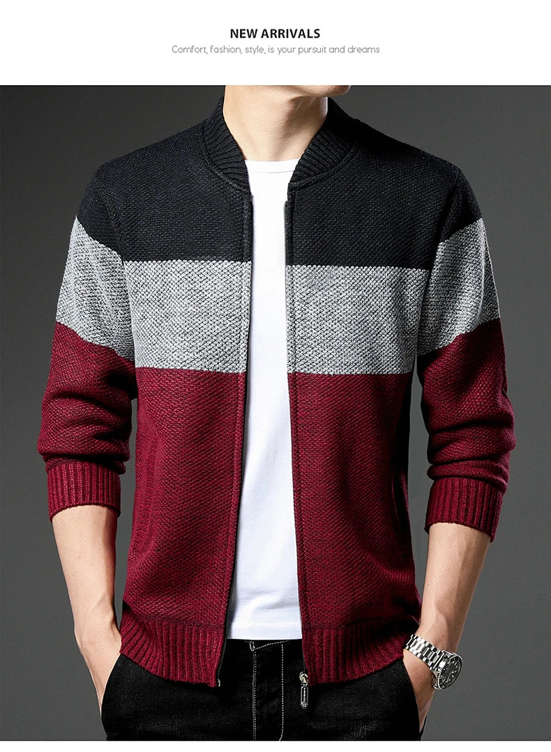 Men's knitted cardigan jumper by Jelieora Venture, featuring a cozy, textured knit design in neutral tones.