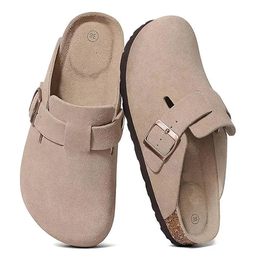 Women’s suede cork footbed mule clogs by Jelieora Venture, showcasing stylish slip-on footwear with comfortable cork insoles.