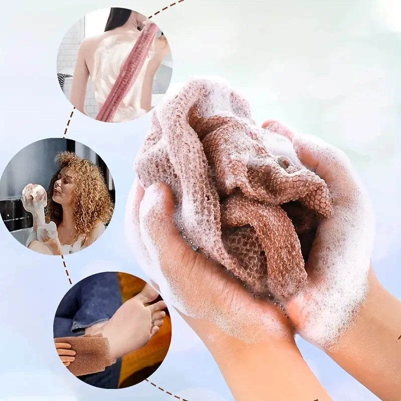 African net bath sponge by Jelieora Venture, double-sided exfoliating loofah towel for smoothing skin during shower.