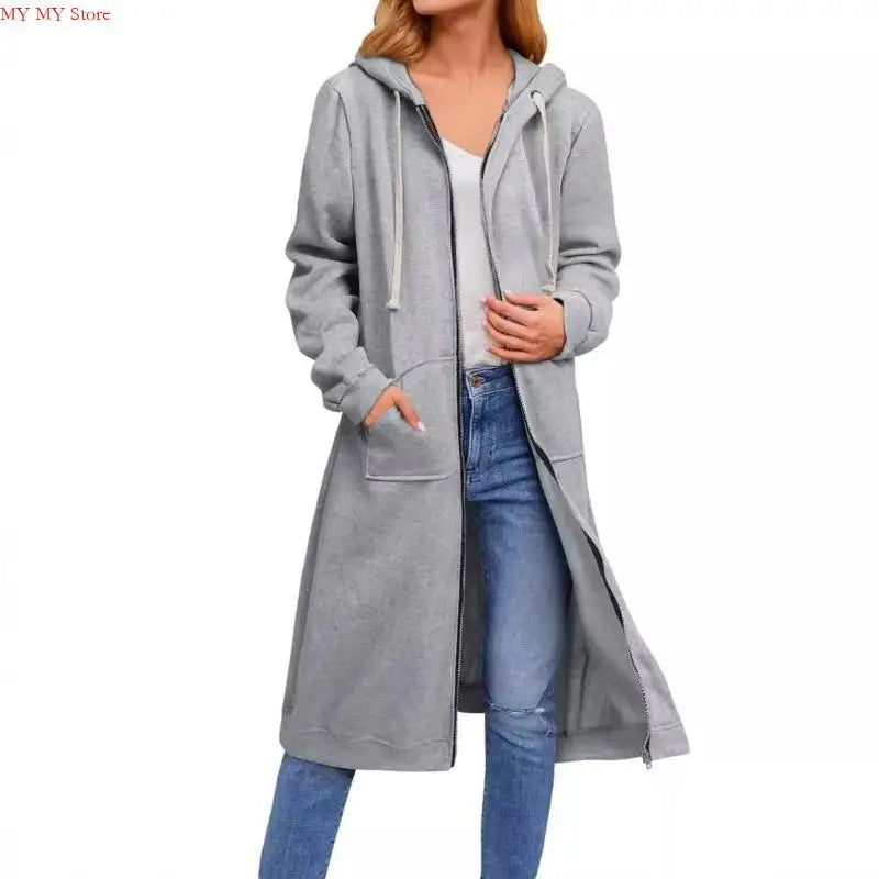 Jelieora Venture women's full zip hooded coat with front pockets, black, soft fabric, and adjustable drawstrings.
