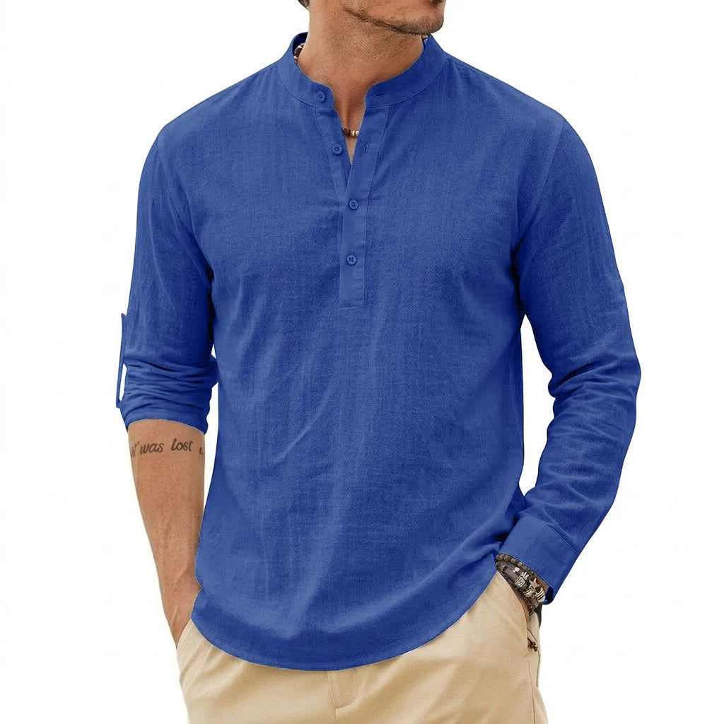 Men's linen Henley shirt by Jelieora Venture featuring a relaxed fit and natural linen fabric in a neutral color.