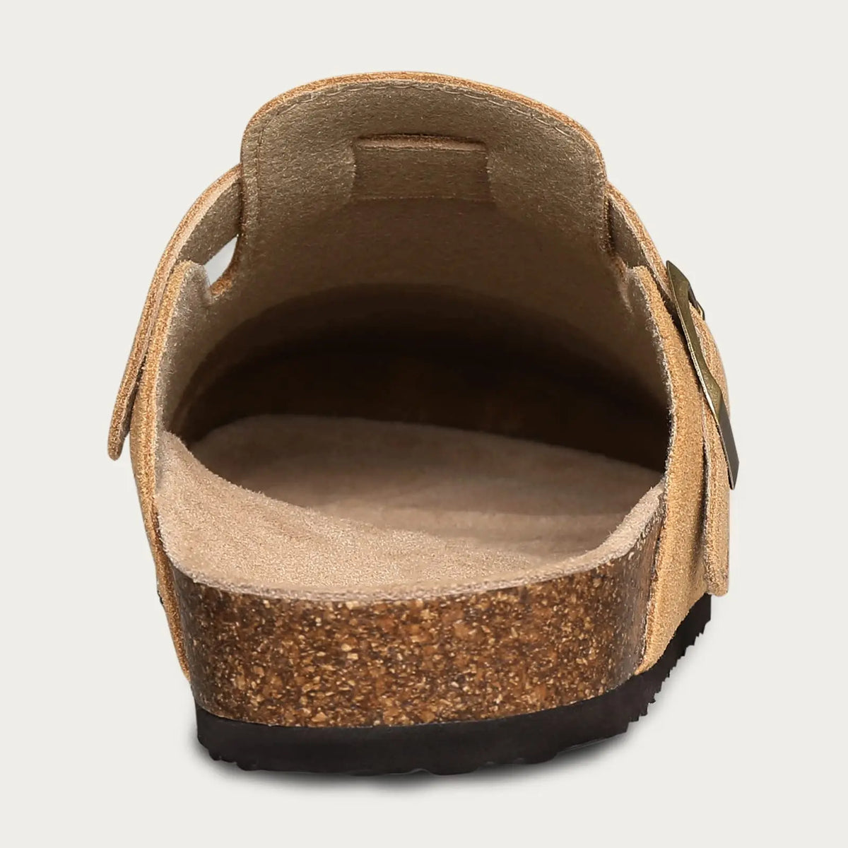 Women's cork sole suede mule clogs with adjustable buckle by Jelieora Venture, showcasing stylish comfort and easy slip-on design.