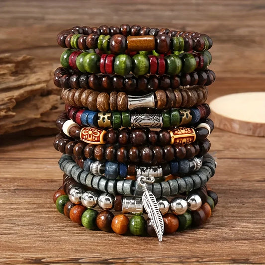 Set of 10 vintage Bohemia men's bracelets featuring leaf designs, stylish wristwear jewelry by Jelieora Venture.