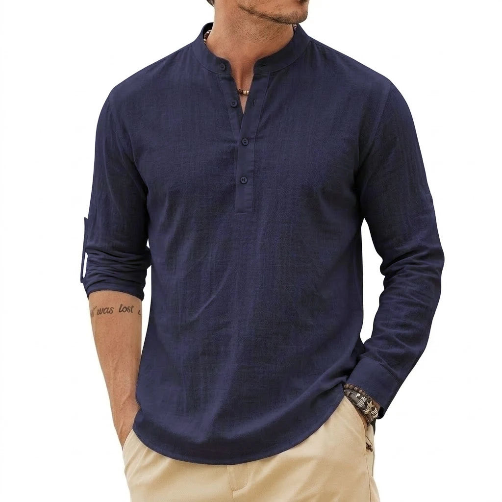 Men's linen Henley shirt by Jelieora Venture featuring a relaxed fit, beige color, and buttoned neckline, perfect for casual wear.