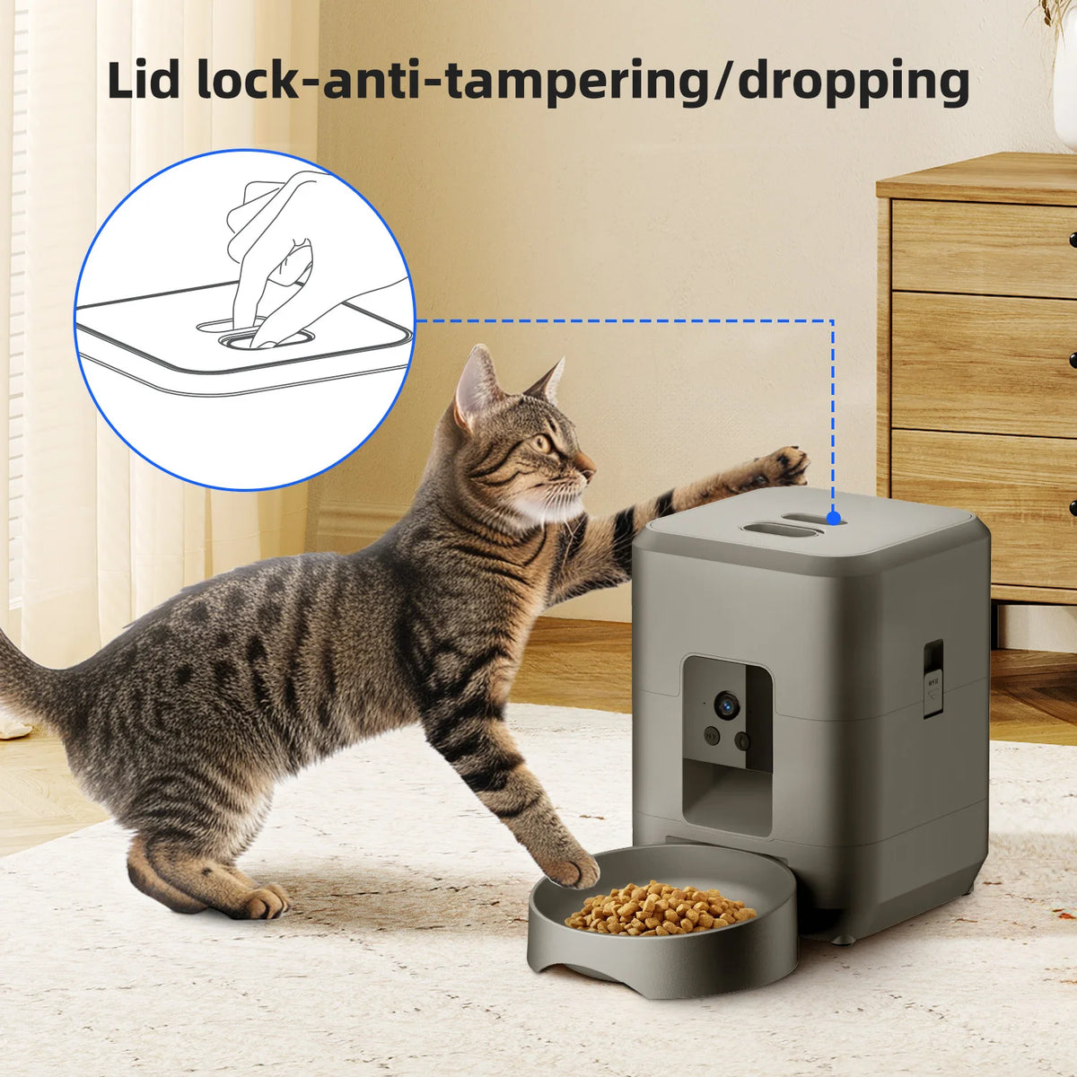 Jelieora Venture 2L automatic pet feeder with Wi-Fi, camera, and remote app control for cats and dogs, no power plug included.