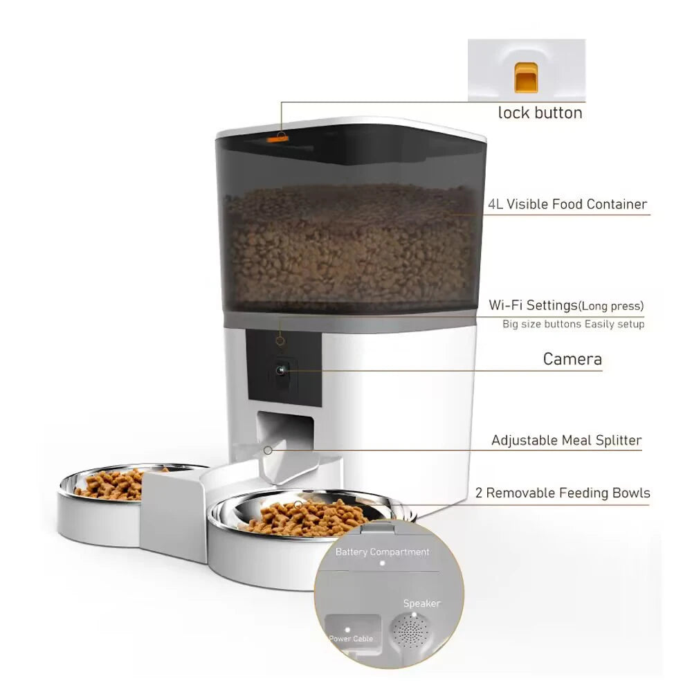 Jelieora Venture 4L automatic pet feeder with HD camera, suitable for cats and dogs, featuring remote feeding and dual pet compatibility.