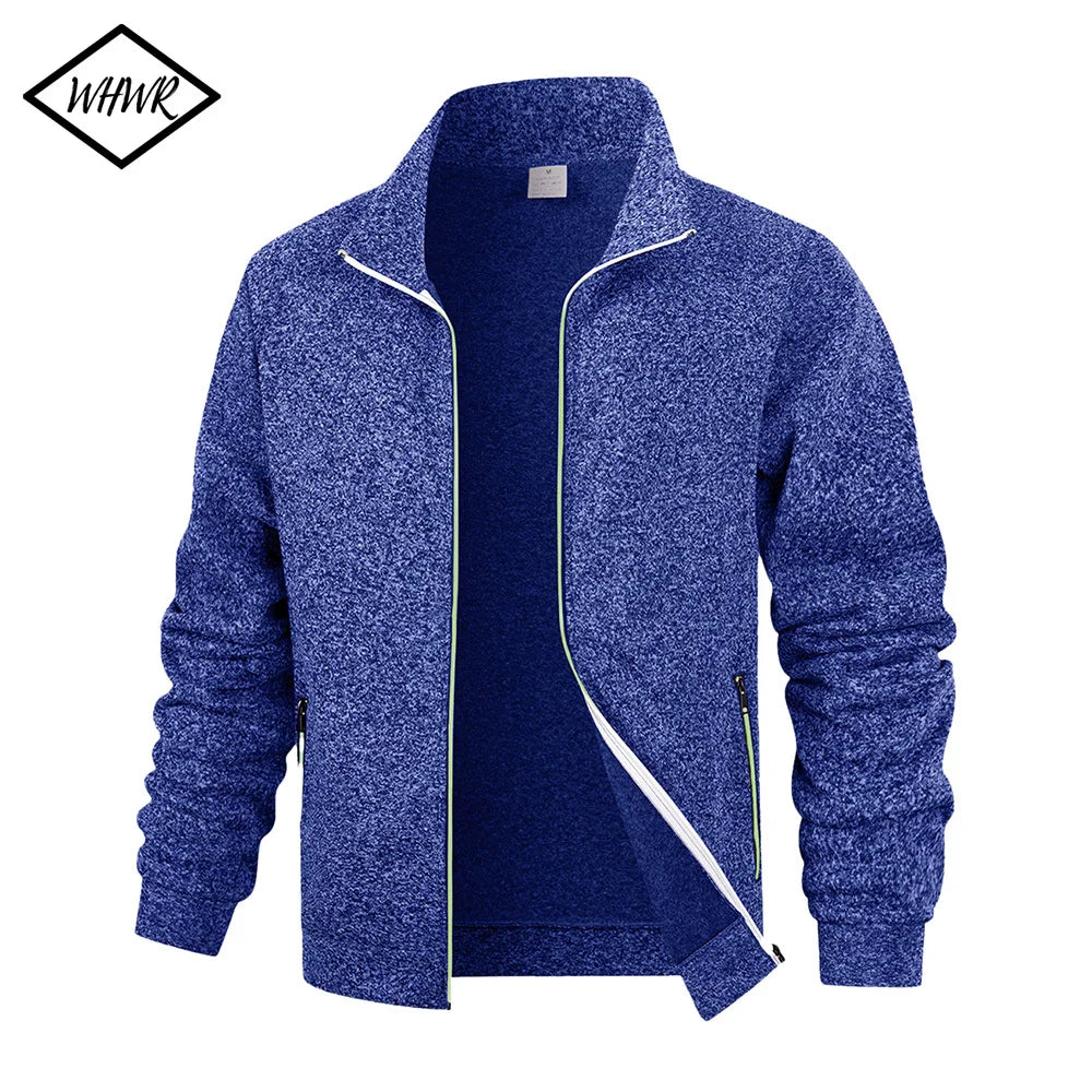 Men's Jelieora Venture fleece zip jacket in navy, featuring a front zipper, stand collar, and soft, warm fleece material.