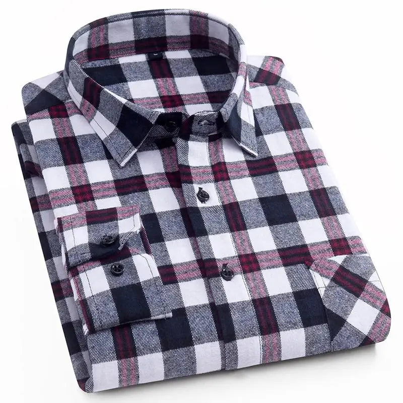 Men's 100% cotton flannel plaid shirt by Jelieora Venture, showing a classic red and black checkered pattern.