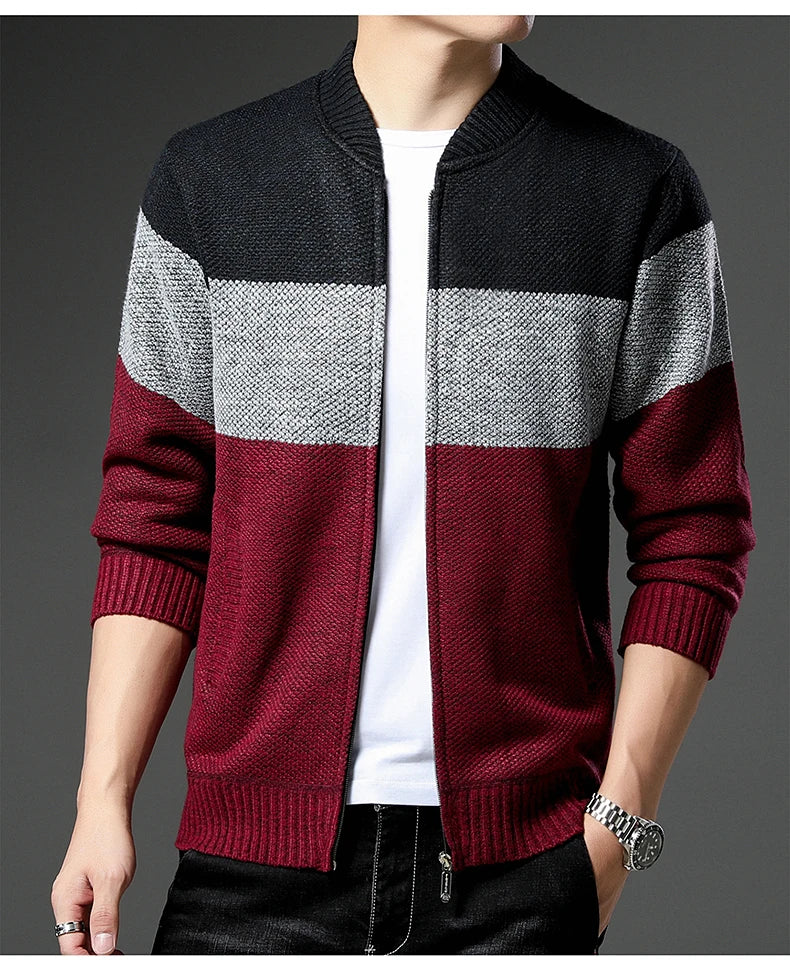 Men's knitted cardigan jumper by Jelieora Venture, featuring a cozy, textured knit design in neutral colors.