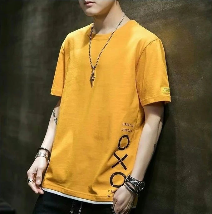 Men's casual round neck T-shirt by Jelieora Venture, in neutral color, displayed on a hanger.