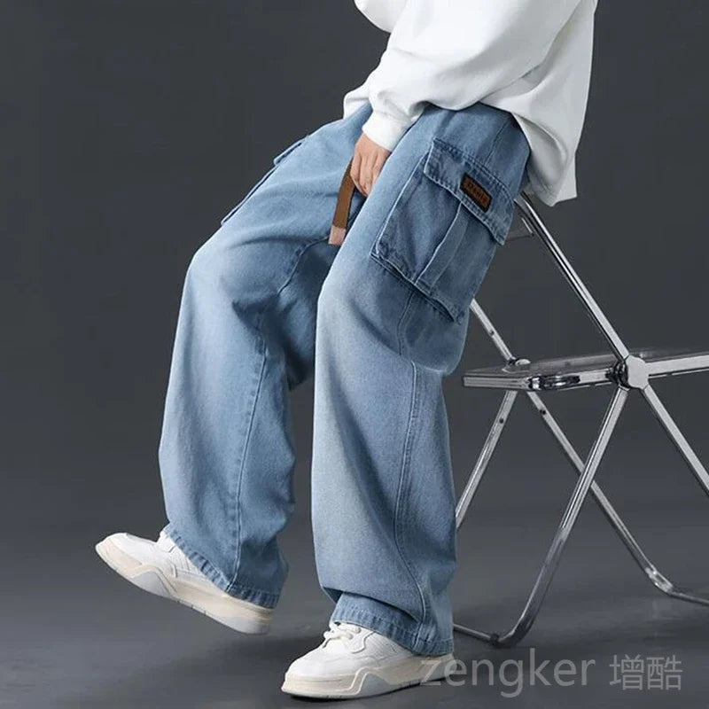Men's plus size loose wide leg jeans with elasticated waist by Jelieora Venture, shown in a relaxed fit with comfortable stretch.