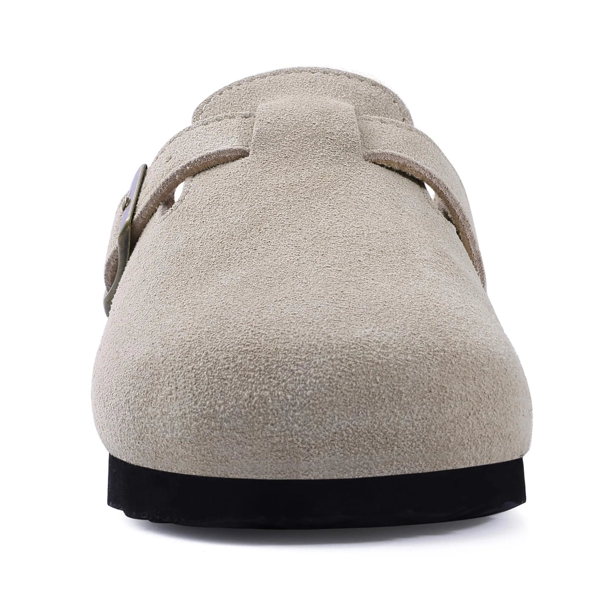 Women's suede mule clogs with cork sole and adjustable buckle, stylish Jelieora Venture footwear for comfortable casual wear.