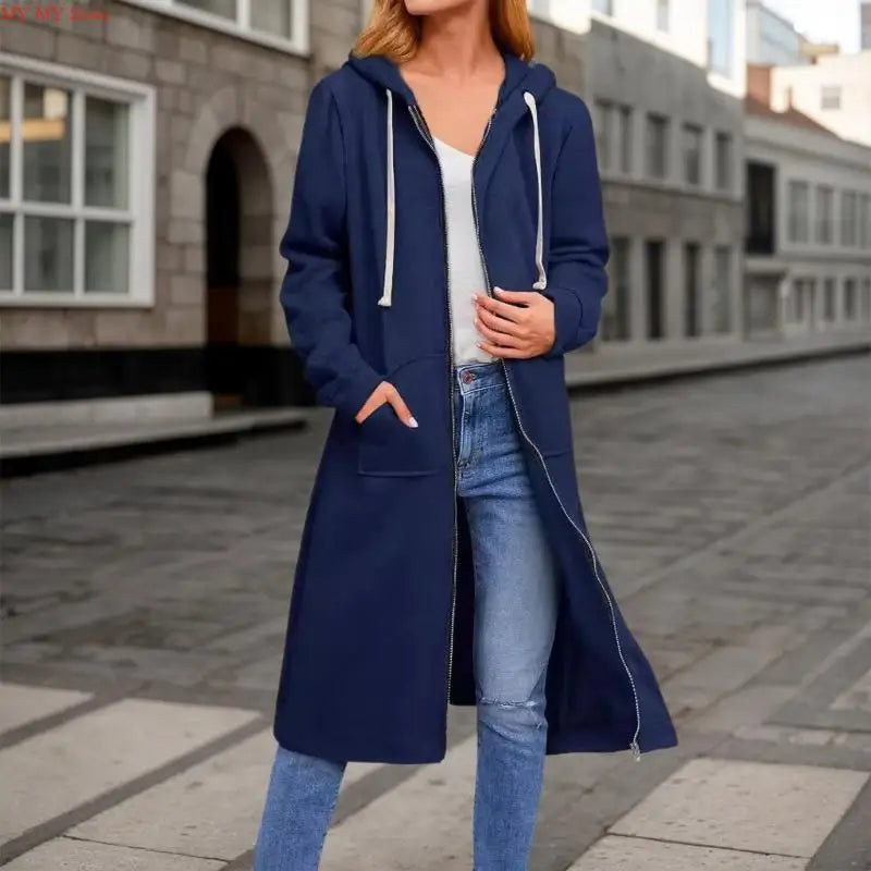 Jelieora Venture women's full-zip hooded coat with front pockets, black fabric, and adjustable drawstrings.