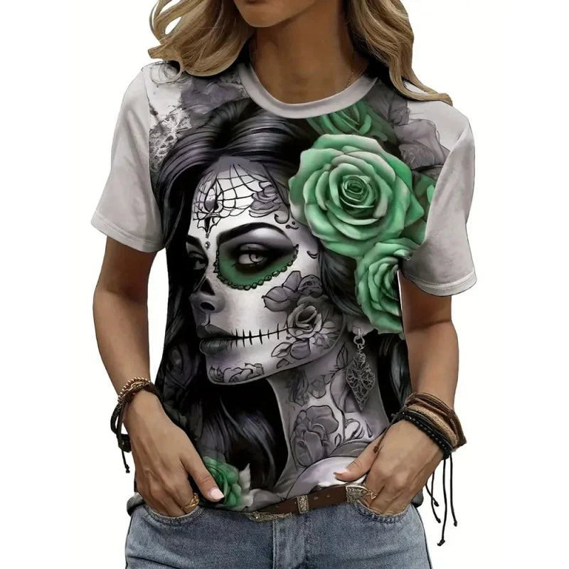 Women's skeleton print T-shirt by Jelieora Venture featuring a bold skeletal design on soft, casual fabric.