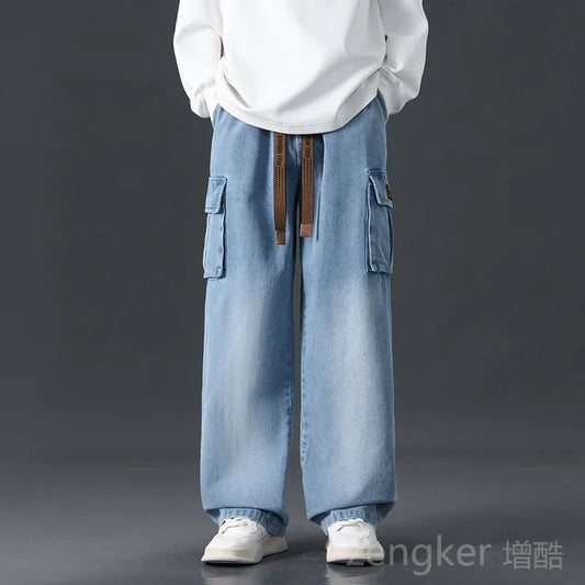 Plus size men's wide leg jeans with elastic waist by Jelieora Venture, showing the relaxed fit and casual style.