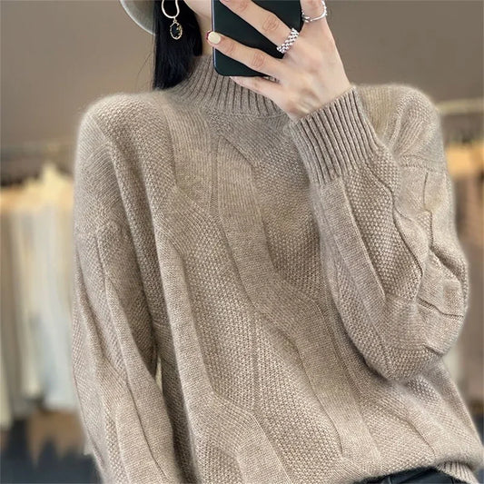 Jelieora Venture women's mock neck knit pullover sweater, cozy tops in soft fabric with long sleeves and ribbed hem.