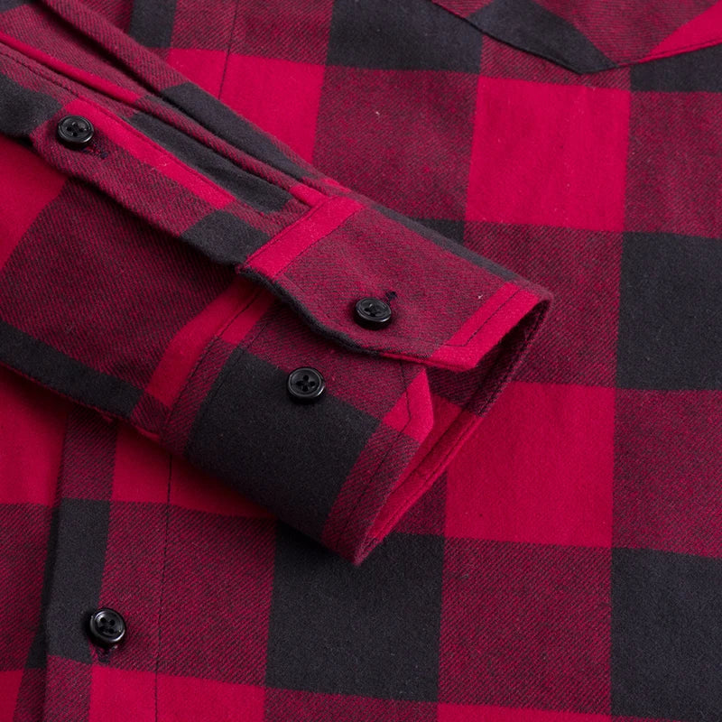 Men's Jelieora Venture flannel plaid shirt, 100% cotton, shown in a classic red and black checkered pattern.