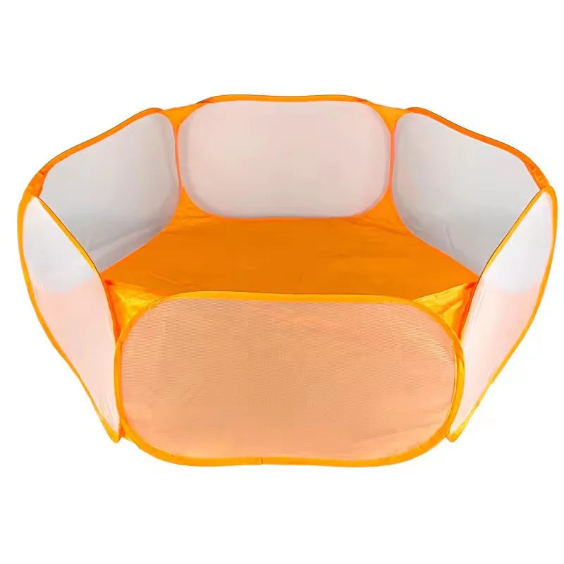 Portable transparent foldable pet playpen tent for small animals like puppies, cats, hamsters, rabbits, and guinea pigs by Jelieora Venture.