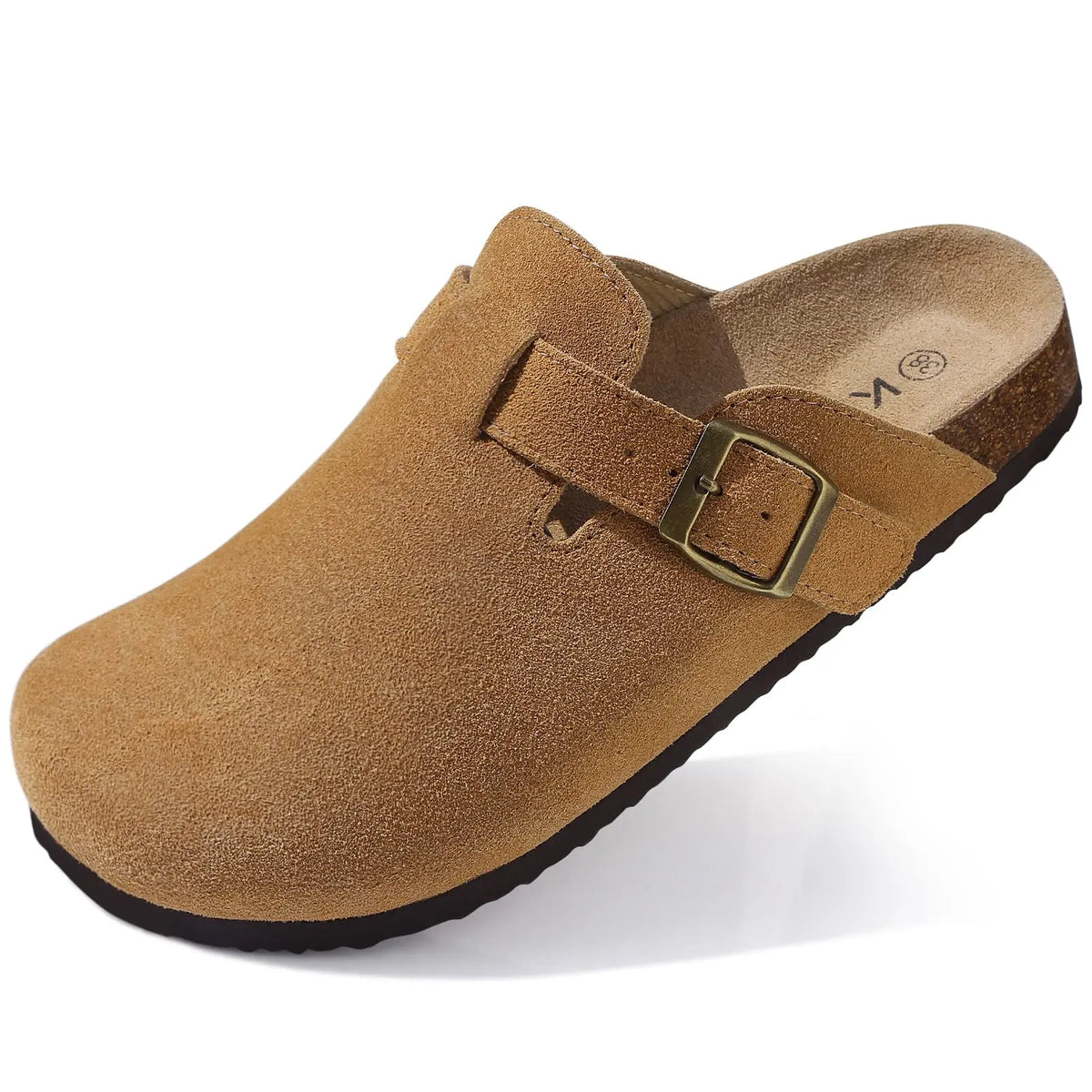 Women's suede mule clogs with cork soles and adjustable buckle by Jelieora Venture, showcasing stylish footwear with comfortable design.