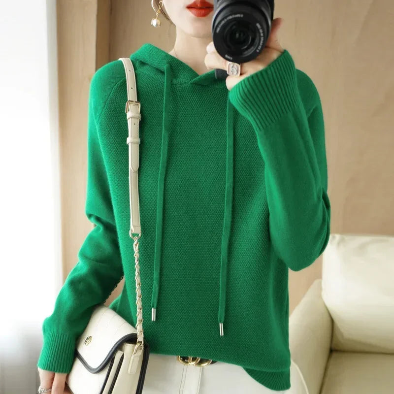 Women's knitted hoodie jumper by Jelieora Venture, featuring a cozy, textured knit fabric with a hood and long sleeves.