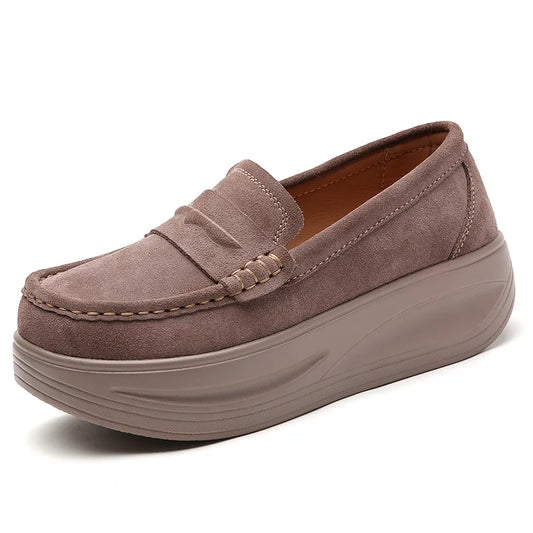 Women's cow suede platform loafers by Jelieora Venture featuring stylish slip-on footwear with a chunky sole and classic design.