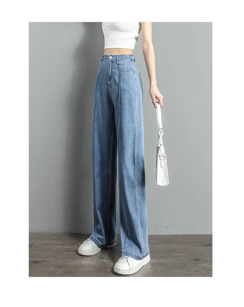Women's high waist wide-leg jeans by Jelieora Venture, showing the fit and style on a model in a casual outfit.